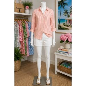 Tommy Bahama 100% Linen Coral White Stripe Button Front Shirt Women's Medium